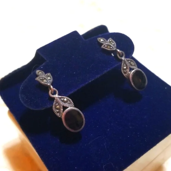 VTG Charles Winston Sterling Onyx Marcasite Dangle Earrings - Picture 5 of 5